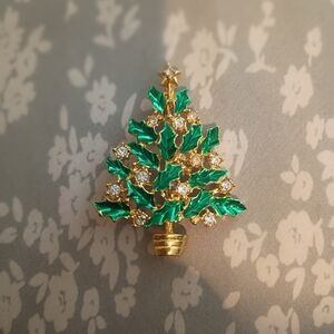 Gold-tone Green Christmas Tree Brooch with Clear Rhinestones